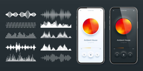 Wall Mural - Online audio player user interface, smartphone app UI design. Music, media streaming and listening platform. Responsive mobile application. Neumorphism. Various sound waves. Vector illustration