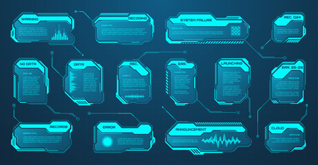Poster - Blue futuristic HUD or UI elements. Sci-fi user interface text boxes, callouts. Warning message frames, information boxes template. Modern game interface layout in digital style. Vector illustration