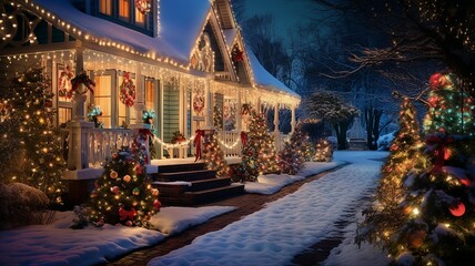 Fototapete -  House with colorful Christmas lights and decorations