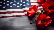High Quality Photo, Copy Space, Stockphoto, Remembering Pearl Harbor: National Remembrance Day Poster Featuring Patriotic United States Flag And Red Poppies.