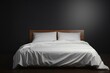 Close-up front view of a contemporary bed with white blanket cloth on a dark background, isolated on a white backdrop. Generative AI