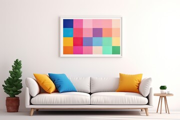 cheerful and happy mood living room idea of home decor design with colorful abstract painting art wall hanging picture, mockup idea, Generative Ai