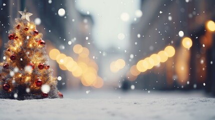 Christmas city street winter blurred background. Xmas tree with snow decorated with garland lights, holiday festive background. Widescreen backdrop. New year Winter