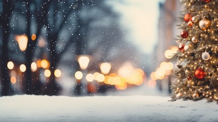 Christmas city street winter blurred background. Xmas tree with snow decorated with garland lights, holiday festive background. Widescreen backdrop. New year Winter