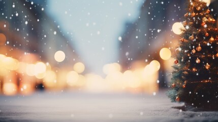 Wall Mural - christmas city street winter blurred background. xmas tree with snow decorated with garland lights, 