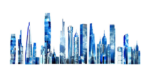 Poster - Beautiful city with glossy skyscrapers and office buildings and blue sky reflection. 3D rendering illustration