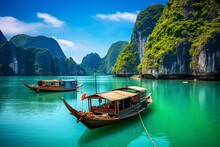 Scenic Fishing Village And Rocky Island In Vietnam's Halong Bay, A UNESCO World Heritage Site. Boat Trip To Famous Destination. Generative AI