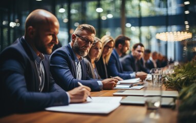 Group of business professionals around a meeting room table. Generative AI