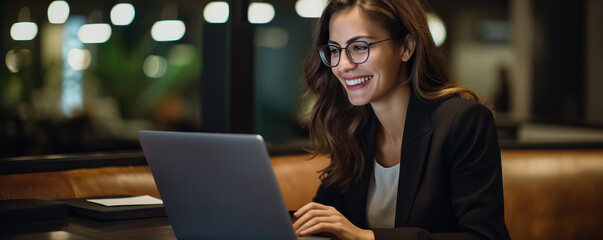 Wall Mural - Professional female employee or a businesswoman using a laptop in a public place. Copy space