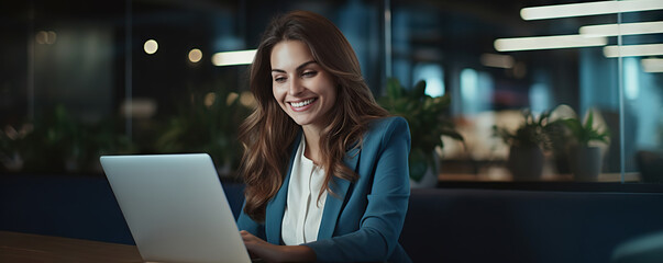 Wall Mural - Professional female employee or a businesswoman using a laptop in a public place. Copy space