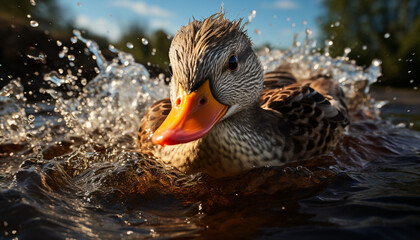 Wall Mural - A beautiful mallard duck swims in a rippled pond generated by AI