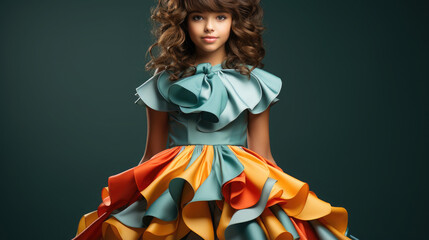 Wall Mural - Generative AI, a little girl with a trendy hairstyle in an elegant dress in the mod style stands on a colorful rich background, fashionable child, children's fashion, 50s clothes, shop, magazine