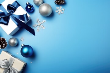 Wall Mural - christmas composition flat top view. background gift boxes and christmas decorative ornaments. merry