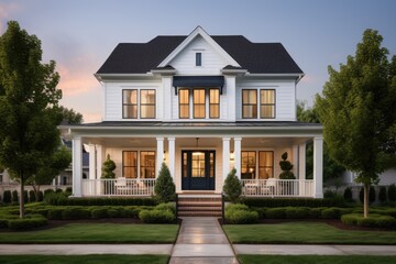 Exterior of a classic and modern house situated in the suburbs of a town or city in the USA