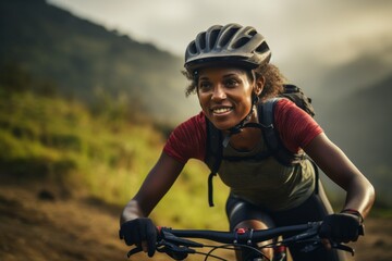 black woman riding a mountain bike rally fast in the countryside. 