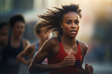 Wall Mural - black young woman athlete running really fast in an athletism competition