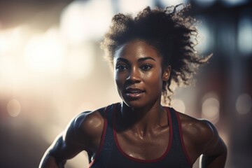 Wall Mural - black young woman athlete running really fast in an athletism competition