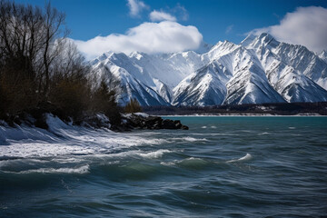 Wall Mural - Blue sea with snowy mountains generative AI