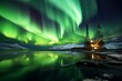 Image depicting an arctic offshore oil rig, frozen sea water, and northern lights aurora. Generative AI