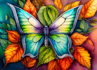 Wall Mural - Watercolor illustration of butterflie and leaves