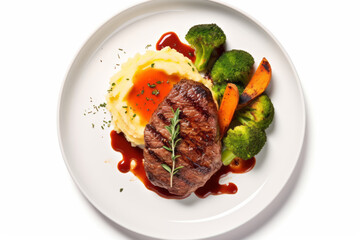 Wall Mural - Beautifully fried steak with mashed potatoes, sauce and vegetables on a white plate isolated on white background, top view.generative ai
