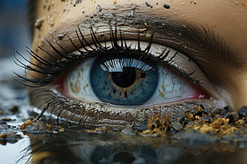 Eyes Tell Stories: Intimate Glimpse of a Woman's Eye, Framed by Nature's Rough Textures of Mud and Dirt