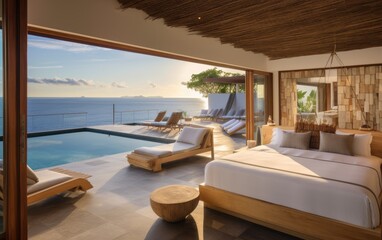 Wall Mural - Contemporary loft bedroom overlooking private pool and sun deck with stunning ocean vista. Generative AI