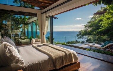 Wall Mural - Contemporary loft bedroom overlooking private pool and sun deck with stunning ocean vista. Generative AI