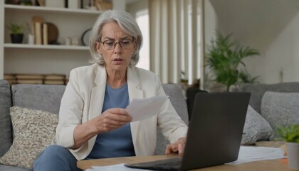 Poster - Tax calculation at home - middle-aged senior woman with laptop, managing finances, reading paper bill, online payment, planning loan debt and pension payment