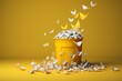 Yellow garbage can overflowing with papers, surrounded by origami birds. Recycling, landfill concept. Generative AI
