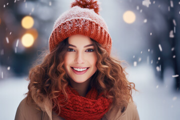 Wall Mural - Happy brunette girl smile enjoys snowy winter, christmas holiday