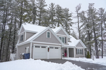 Sticker - single family houses in residential community after snow in winter 