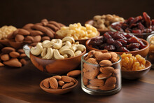 Variety Of Nutritious And Delicious Snacks.
 Mix Of Nuts And Dried Fruits In Bowls On Wooden Table, Closeup