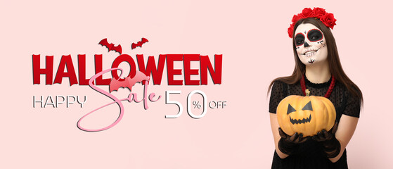 Wall Mural - Young woman in creepy costume and with pumpkin on pink background. Halloween sale