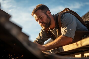 Wall Mural - A male builder is repairing the roof. Portrait with selective focus and copy space