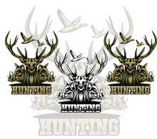 Collection Of Hunting Logo, Duck, Deer And Wild Boar Hunt Logo. Various Vector And Hill Hunting Logos