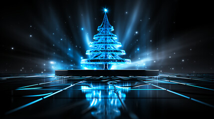 Wall Mural - Futuristic blue Christmas Tree - Blue Neon lights 