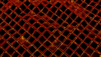 Poster - 3D squares oscillate with wave effect. Design. Colored squares move in grid with glitter of waves. Wave movements of cubes in virtual grid