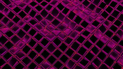 Poster - 3D squares oscillate with wave effect. Design. Colored squares move in grid with glitter of waves. Wave movements of cubes in virtual grid