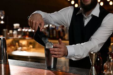 Canvas Print - Bartender making fresh alcoholic cocktail at bar counter, closeup