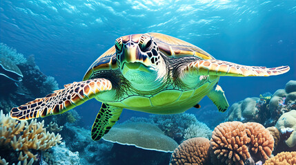 Wall Mural - Sea turtle close-up over a coral reef in the Maldives. Travel and vacation background. 