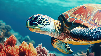 Wall Mural - Sea turtle close-up over a coral reef in the Maldives. Travel and vacation background. 