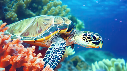 Wall Mural - Sea turtle close-up over a coral reef in the Maldives. Travel and vacation background. 