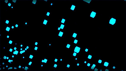 Poster - Stream of pulsating cubes in space. Design. Glowing cubes in air. Animation with flying 3d cubes in stream on black background