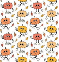 Canvas Print - Vector seamless pattern of retro groovy cartoon pumpkins and leaves isolated on white background