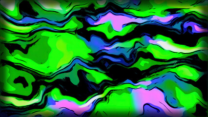 Poster - Colorful spots move in fluid pattern with lines. Motion. Animation of background pattern of colorful spots on black background. Pattern with moving spots in style of liquid paints