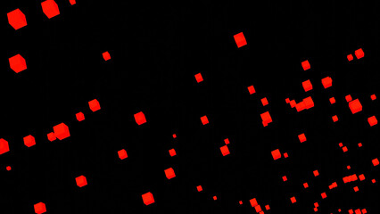Poster - 3D cubes fly in stream. Design. Colored cubes pulsate in flying stream on black background. Cubes fly in stream in 3d animation