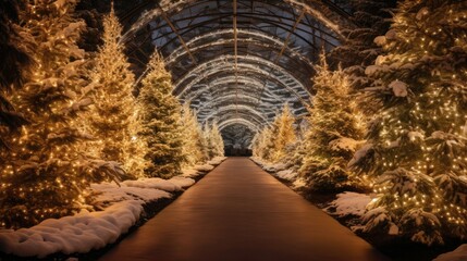 Canvas Print - Evergreen trees adorned in shimmering lights create a forest of wonder and delight.