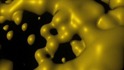 Poster - Moving liquid on black background. Design. Liquid 3d matter with droplets and wave motion. Liquid moves in waves with drops