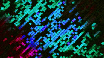 Poster - Colorful dots in linear flow. Motion. Flashing colorful dots move diagonally in stripes. Stream of lines of flashing dots in retro style